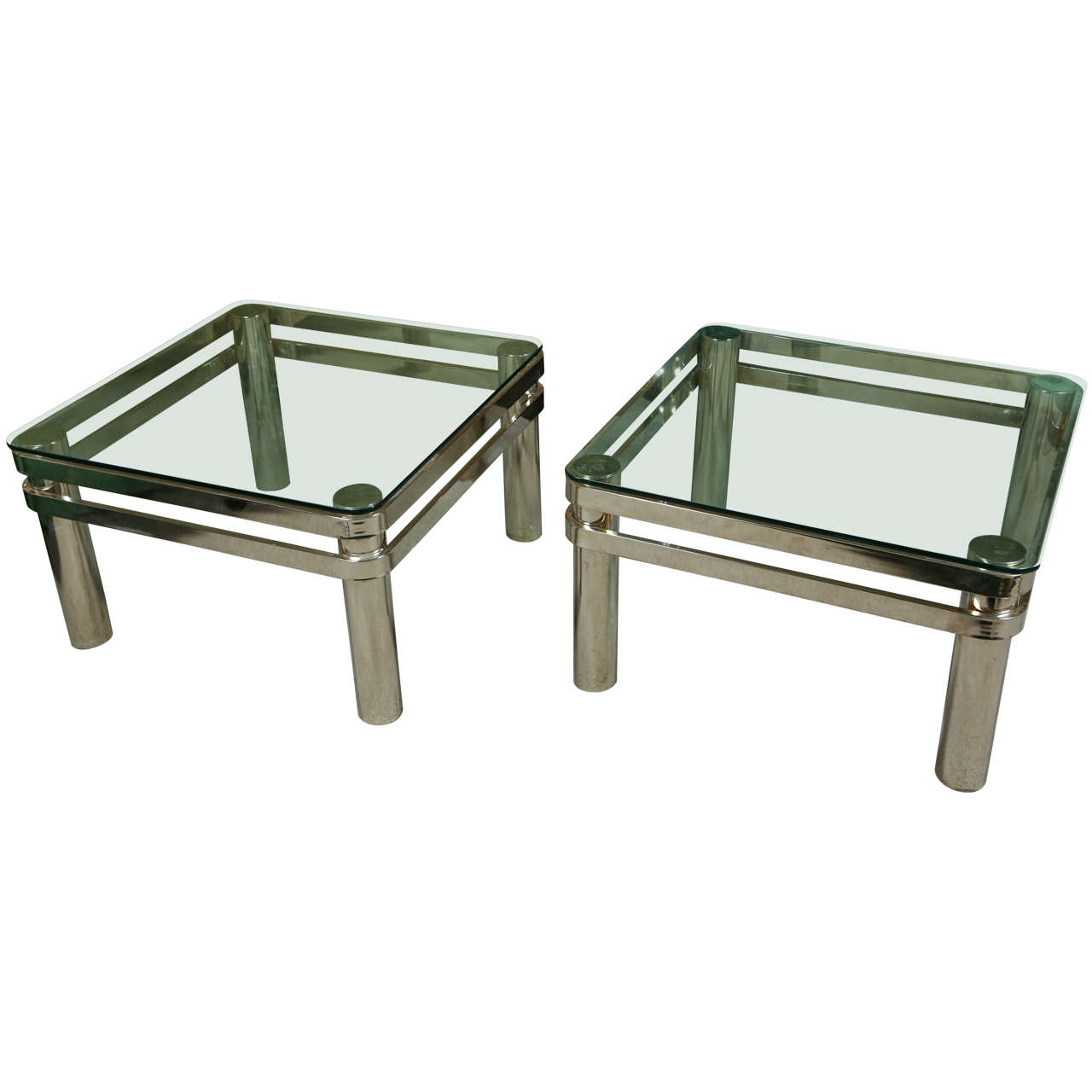 Pair of Very Stylish Chrome and Glass End Tables