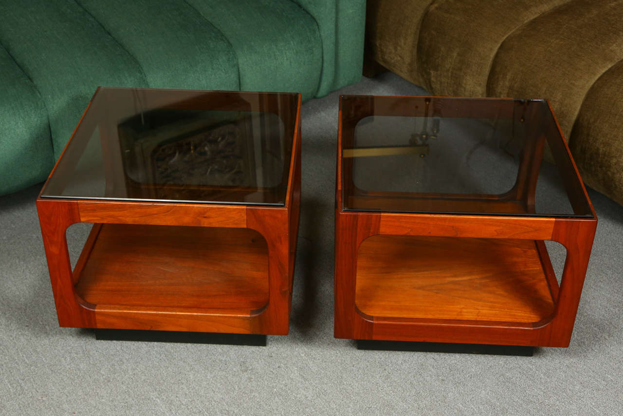 Pair of interesting end tables in wood and smoked glass by Brown Saltman.