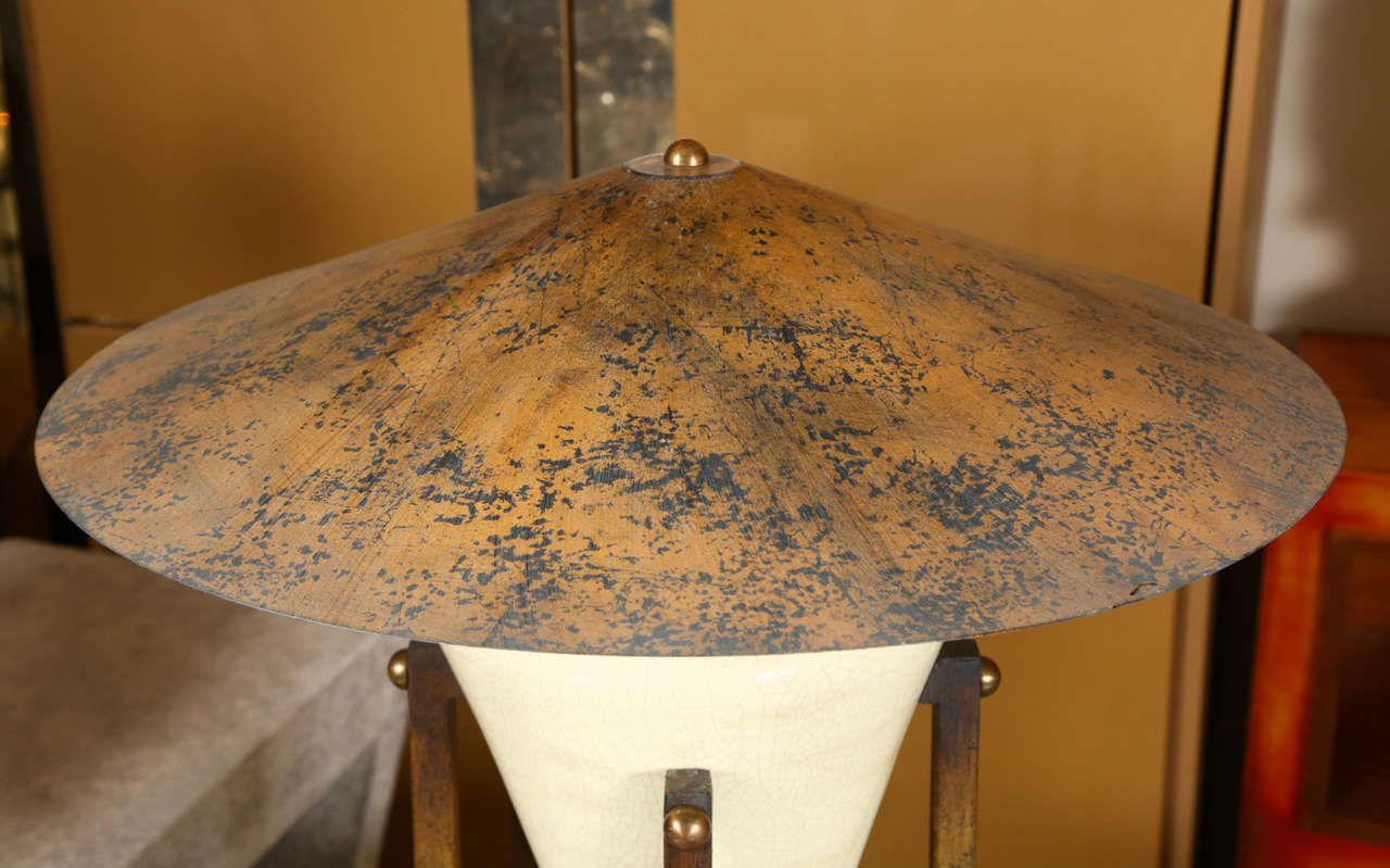 American Pair of Unusual Table Lamps with Ceramic Bases in Antiqued Wooden Cradles