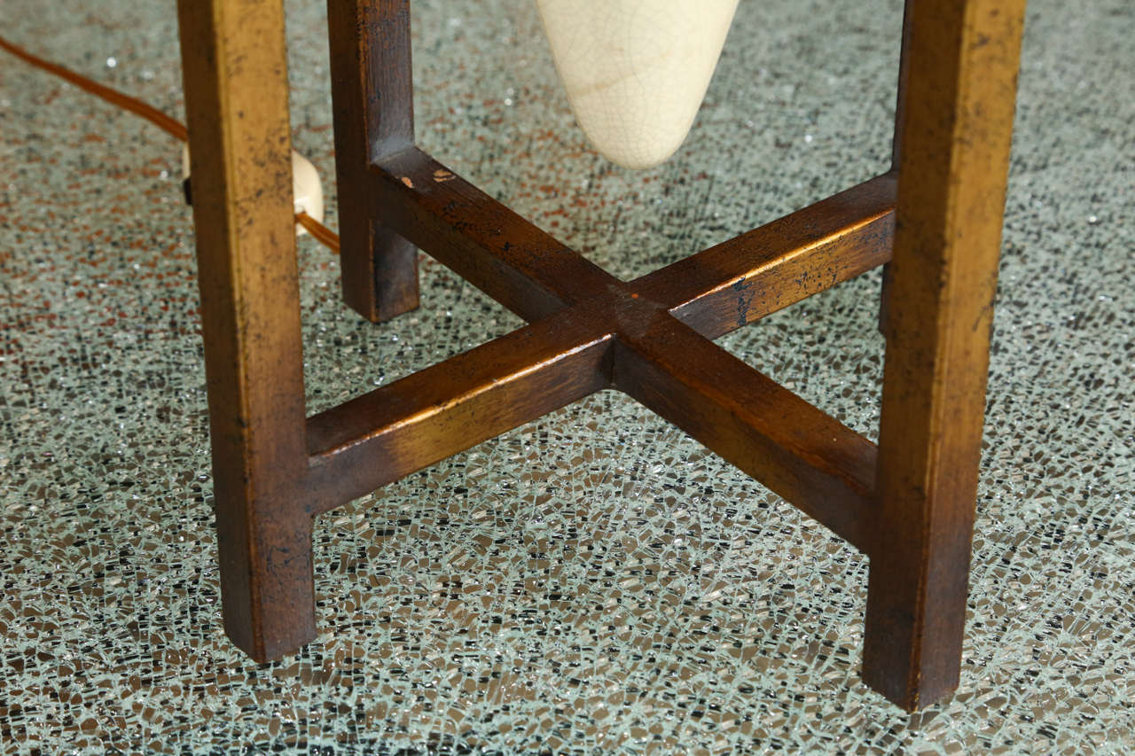 20th Century Pair of Unusual Table Lamps with Ceramic Bases in Antiqued Wooden Cradles