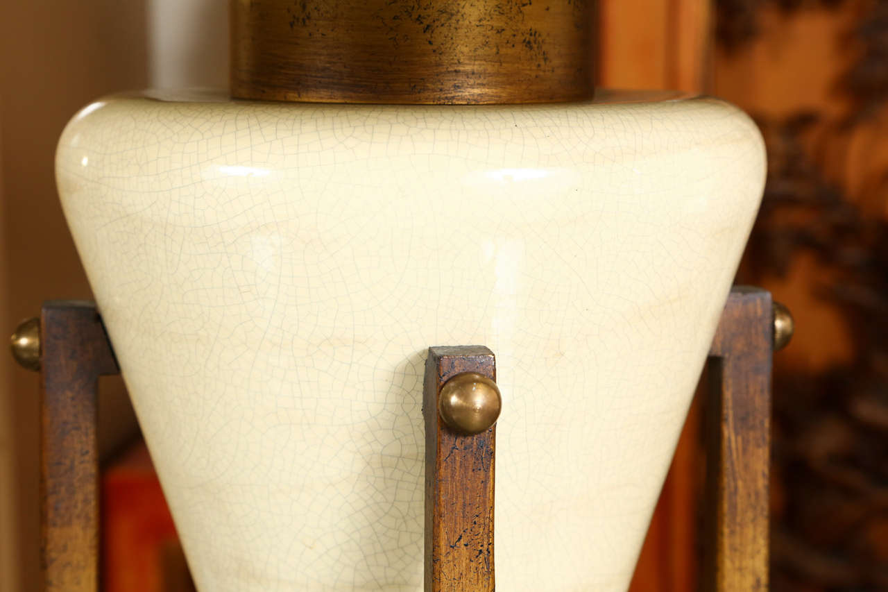 Pair of Unusual Table Lamps with Ceramic Bases in Antiqued Wooden Cradles 1