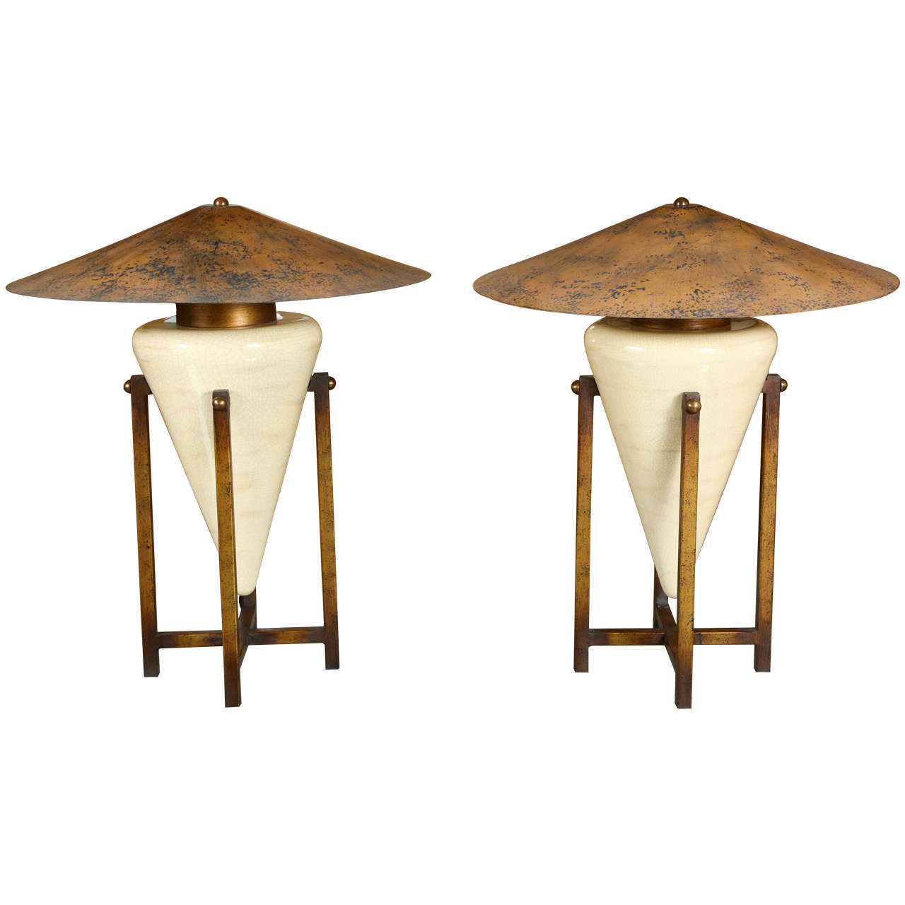 Pair of Unusual Table Lamps with Ceramic Bases in Antiqued Wooden Cradles