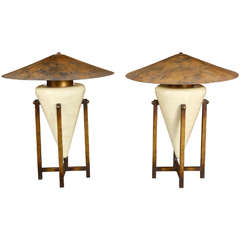 Pair of Unusual Table Lamps with Ceramic Bases in Antiqued Wooden Cradles