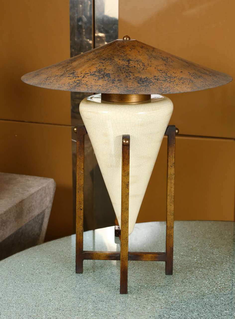 Pair of Unusual Table Lamps with Ceramic Bases in Antiqued Wooden