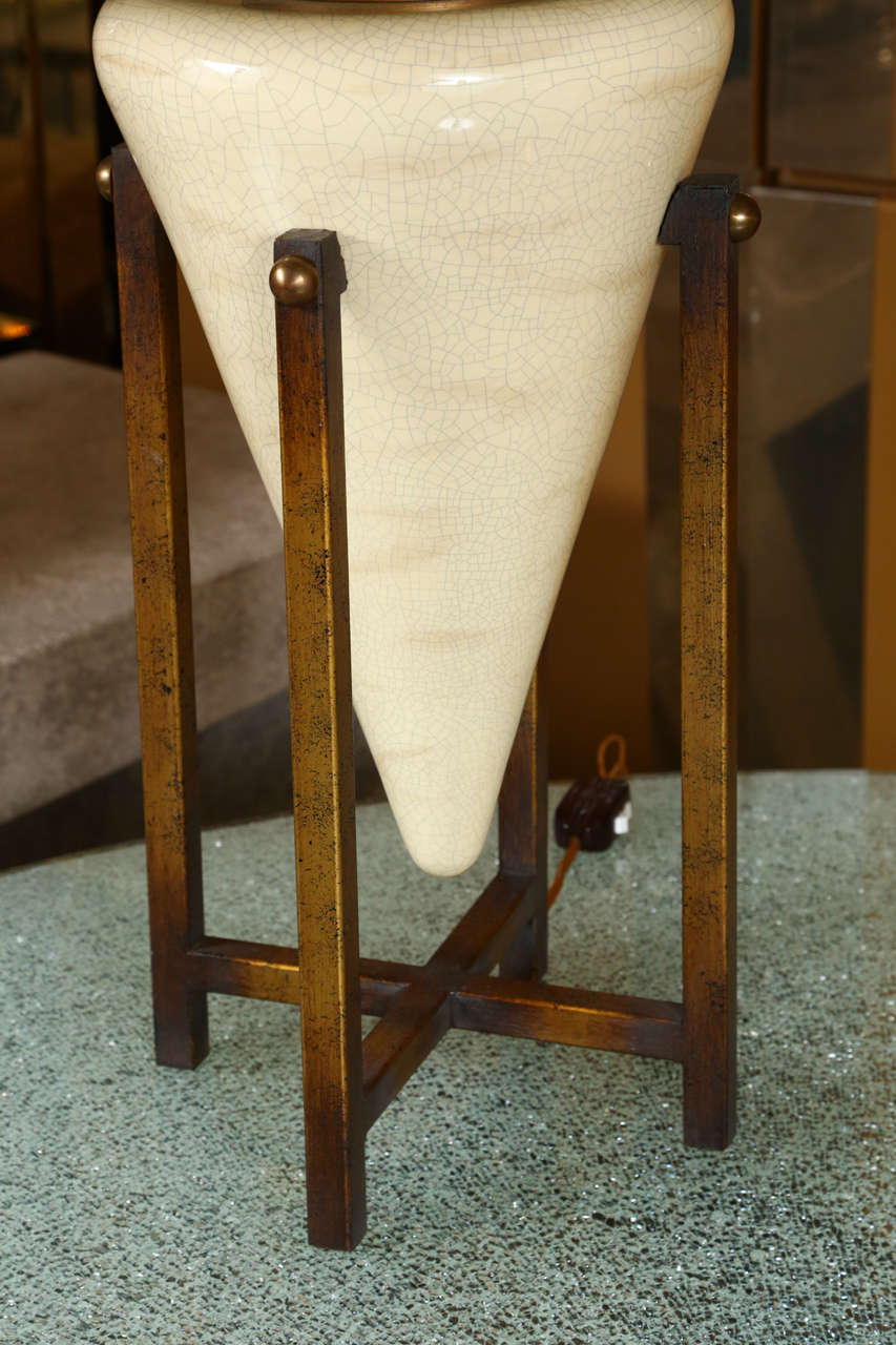 Pair of Unusual Table Lamps with Ceramic Bases in Antiqued Wooden