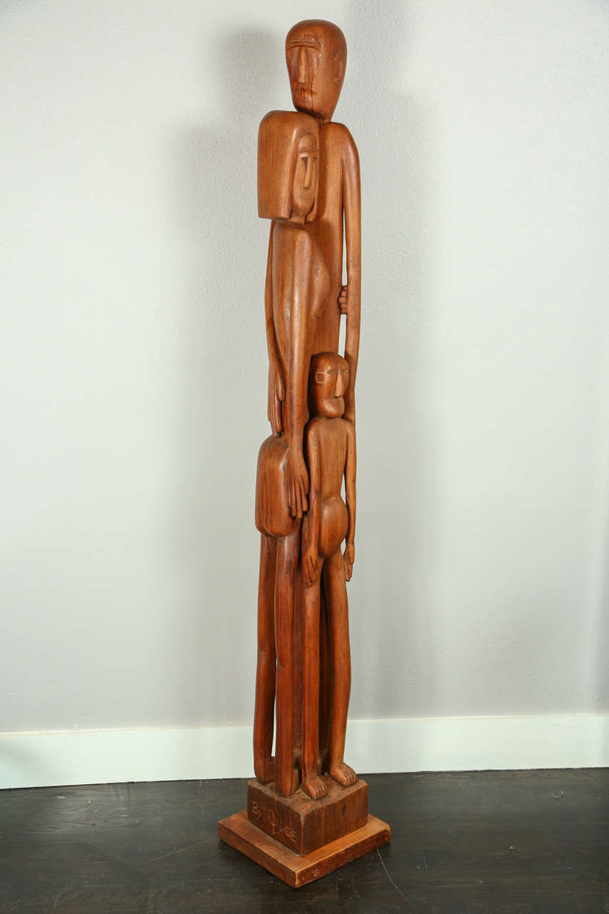 Large Carved Wood Sculpture of a Family of Three