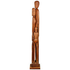 Large Carved Wood Sculpture of a Family of Three