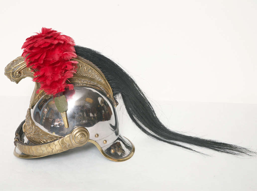THE METAL SKULL WITH BRASS EDGING, MOUNTED WITH A BRASS CREST  ENDING IN A PROJECTING FACE AND FITTED WITH HORSE HAIR MANE, APPLIED WITH A BRASS PLATE EMBOSSED WITH A FLAMING GRENADE AND LEAFY LAUREL BRANCHES, WITH A FEATHER PLUME IN A SIDE SOCKET,