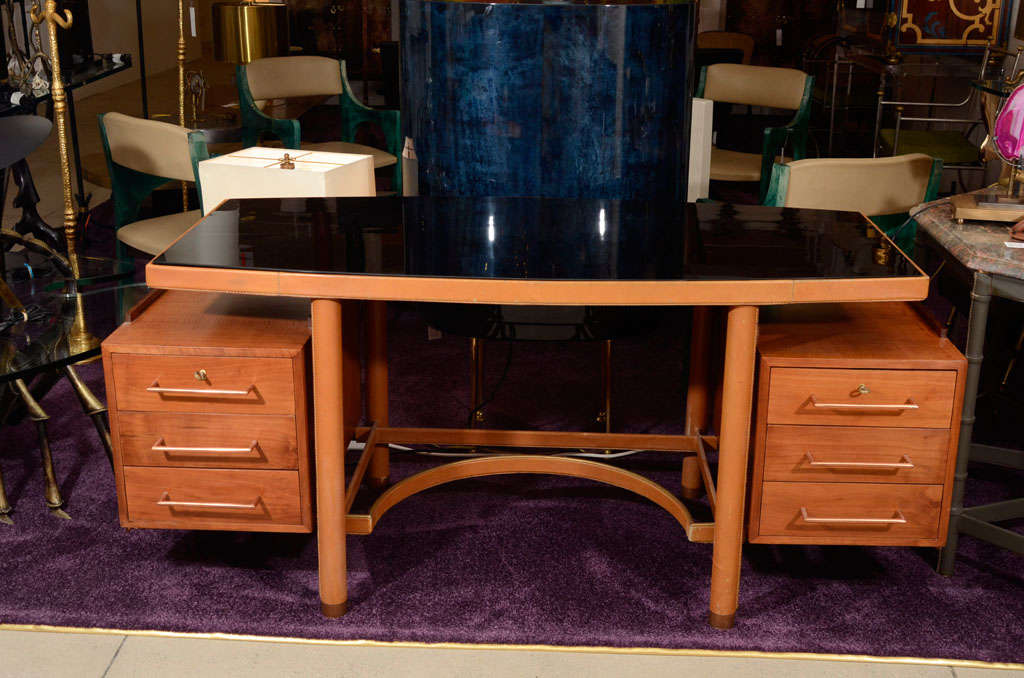French Pearwood and Stitched Leather Desk by Jacques Adnet