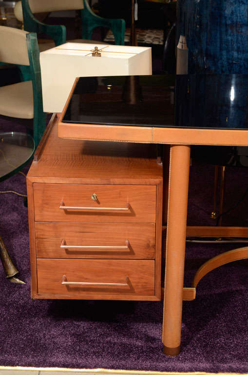 Pearwood and Stitched Leather Desk by Jacques Adnet In Good Condition In New York, NY