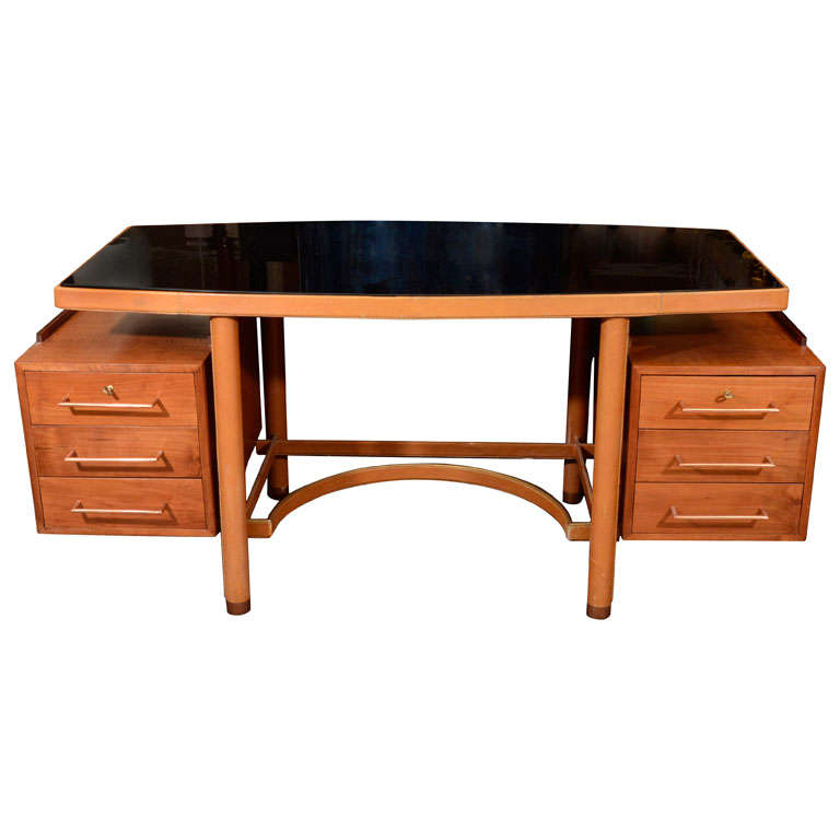 Pearwood and Stitched Leather Desk by Jacques Adnet