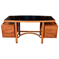 Pearwood and Stitched Leather Desk by Jacques Adnet