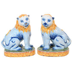 A Pair of Polychrome Dutch Delft Lions