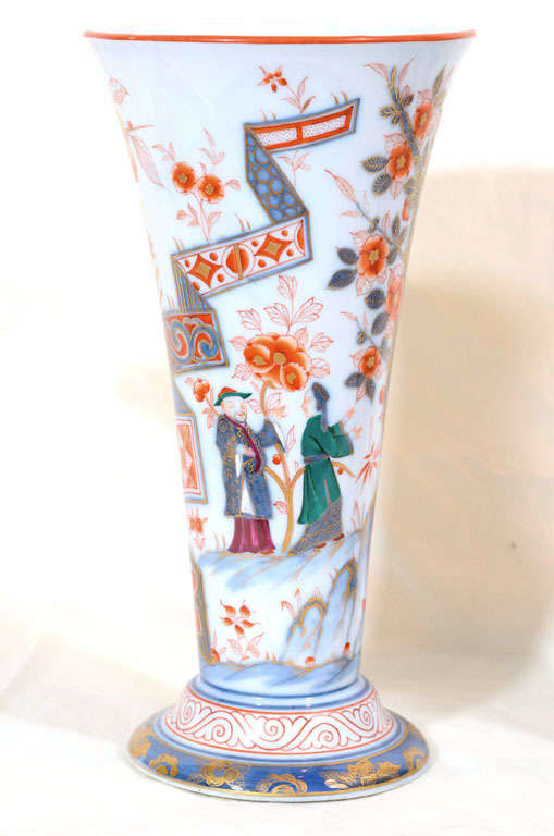 Chinoiserie A Pair of 19th Century Bayeux Porcelain Vases with Chinioserie Garden Scenes