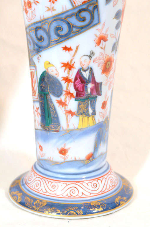 A Pair of 19th Century Bayeux Porcelain Vases with Chinioserie Garden Scenes In Excellent Condition In Katonah, NY