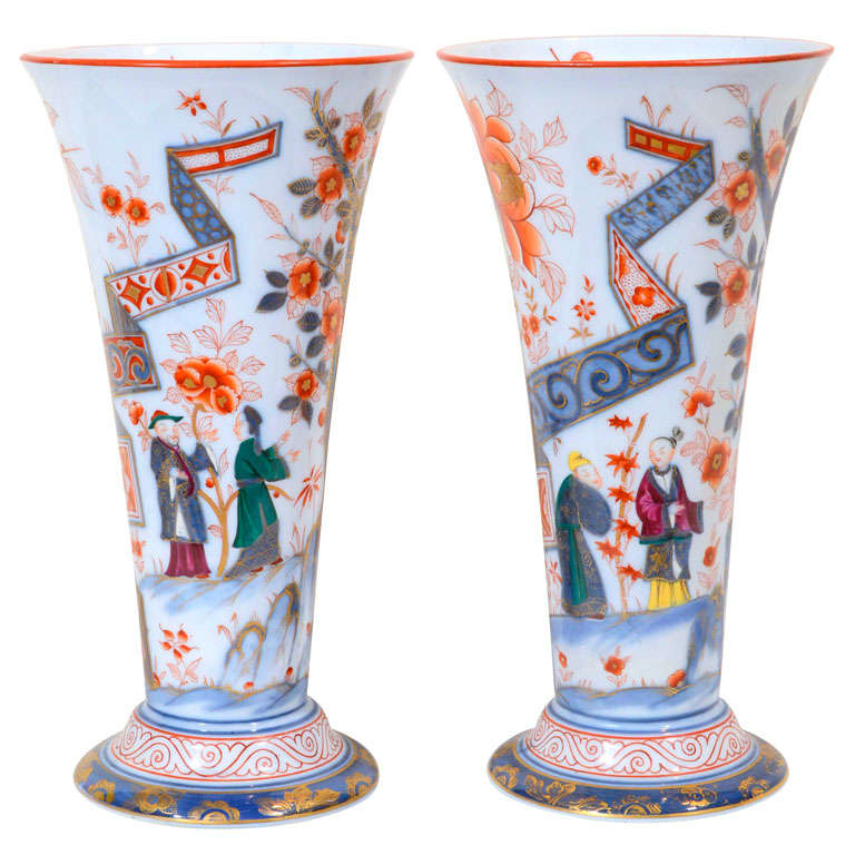 A Pair of 19th Century Bayeux Porcelain Vases with Chinioserie Garden Scenes