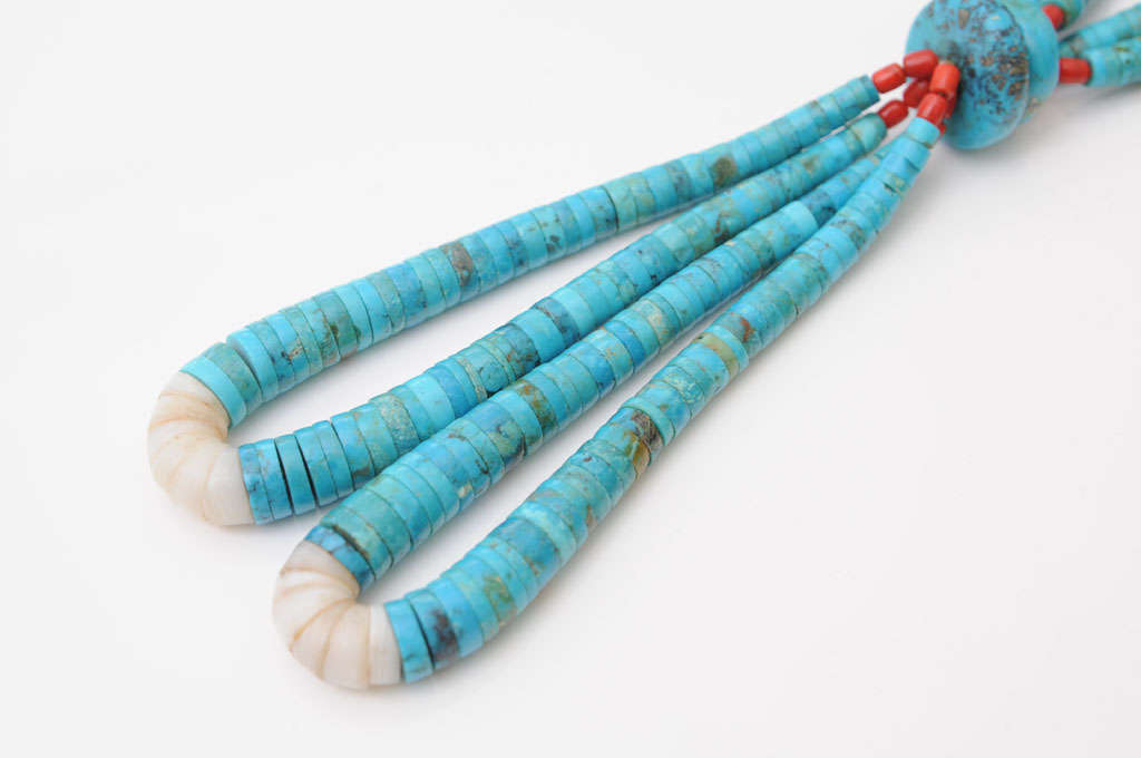 Alabaster Native American Style Coral and Glass Beads Turquoise Necklace For Sale