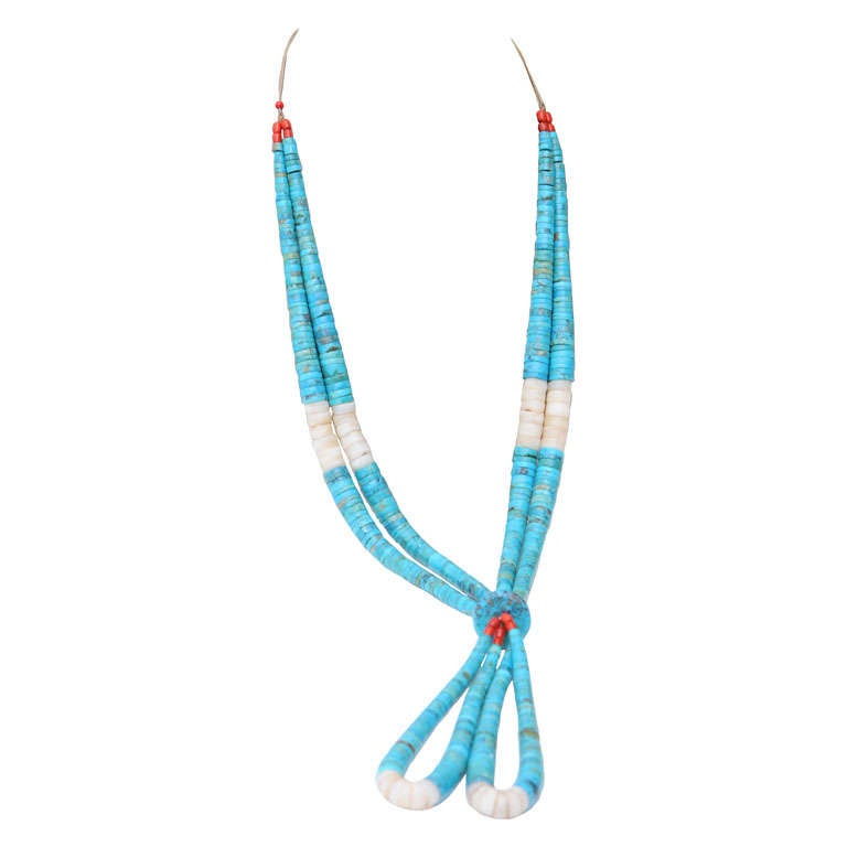 Native American Style Coral and Glass Beads Turquoise Necklace For Sale