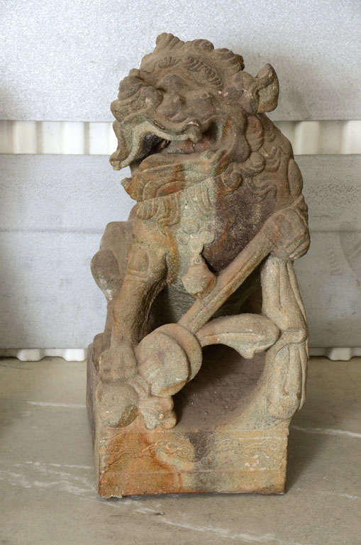 Chinese Pair of Late 18th Century Qing Dynasty Peking Carved Limestone Foo Dogs