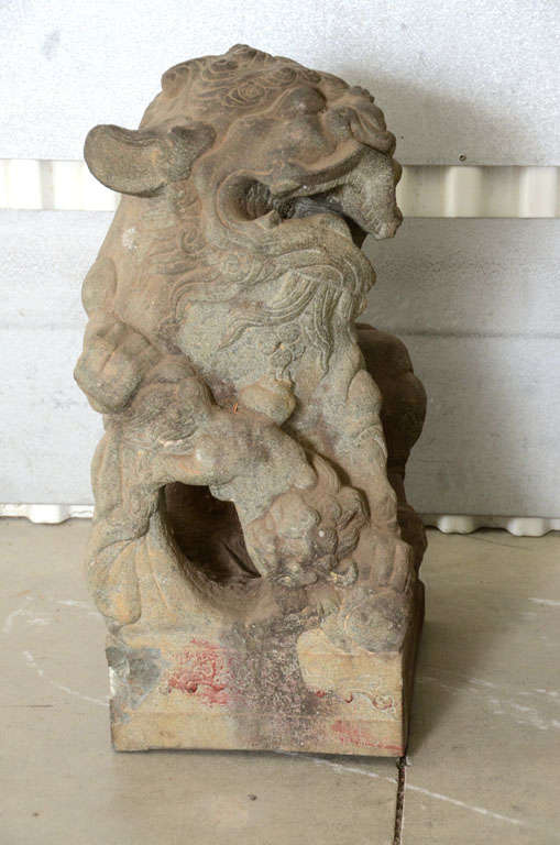 Pair of Late 18th Century Qing Dynasty Peking Carved Limestone Foo Dogs In Excellent Condition In East Hampton, NY