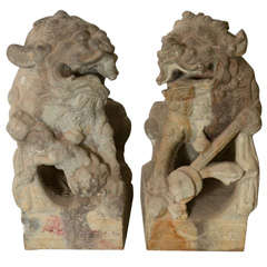 Antique Pair of Late 18th Century Qing Dynasty Peking Carved Limestone Foo Dogs