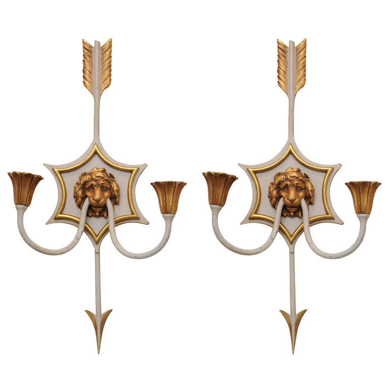 Pair of Directoire Lion Mask Sconces of Bronze For Sale