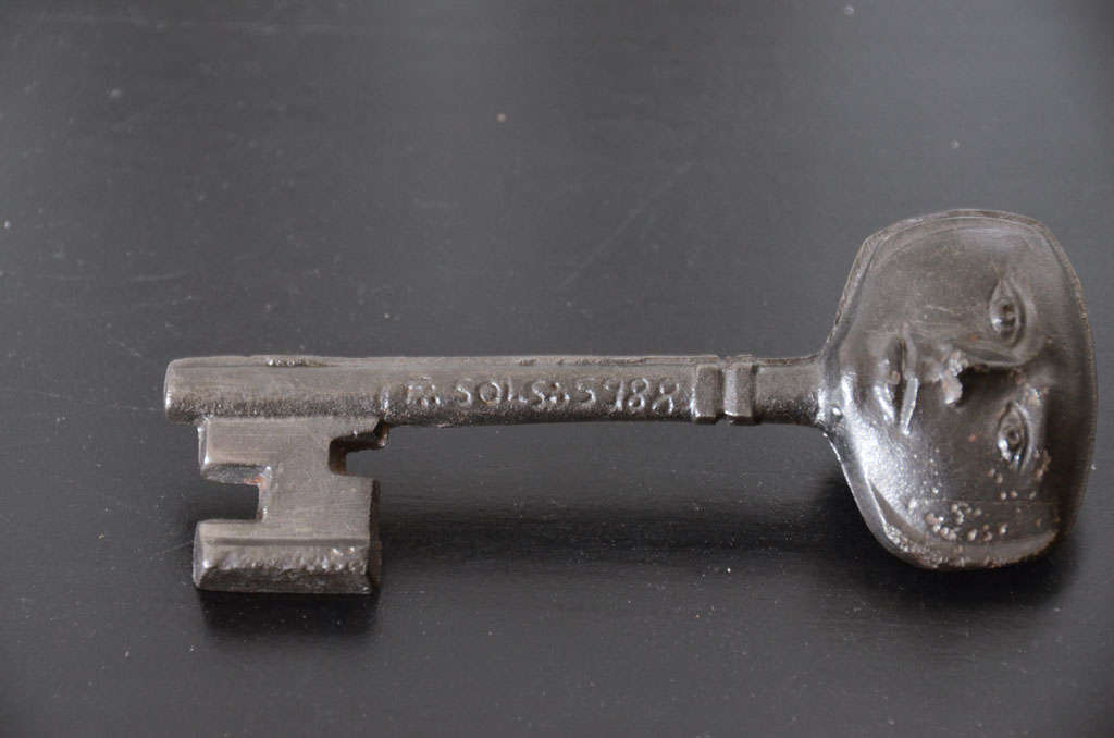 Steel Rare Vintage Skeleton Key with Faces For Sale