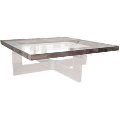 Large Nickel Finish, Bronze Accent  Glass & Lucite Coffee Table