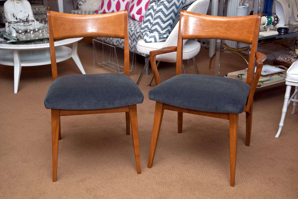 Mid-century solid maple frames with grey undertones and new grey cotton velvet upholstery. Great lines. Four side chairs, two armchairs.