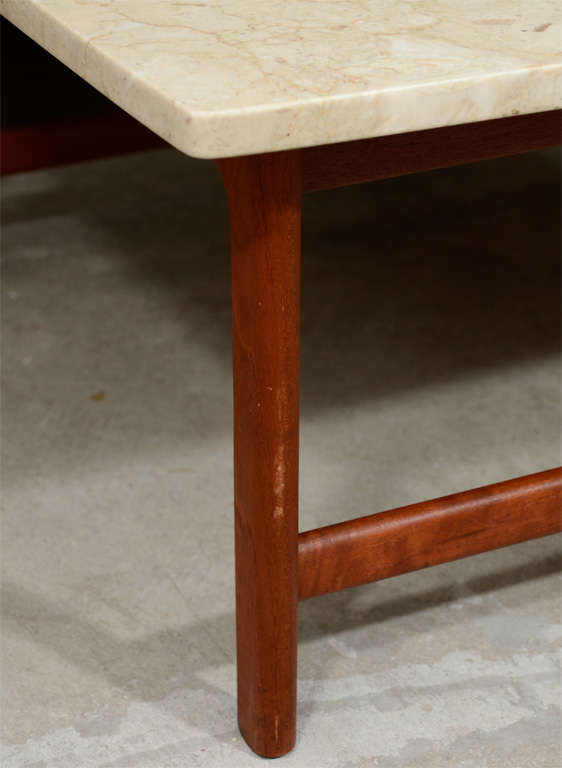 Solid teak coffee table with travertine top, mfg. Dux In Excellent Condition In New York, NY