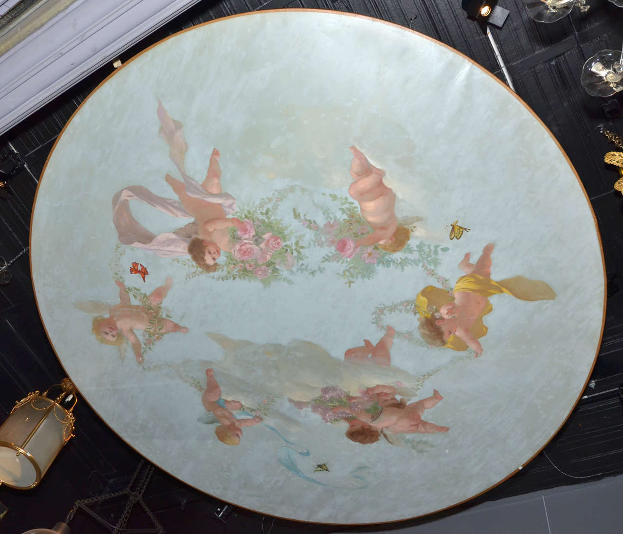 1860s Large Ceiling Painting with Cherubs
