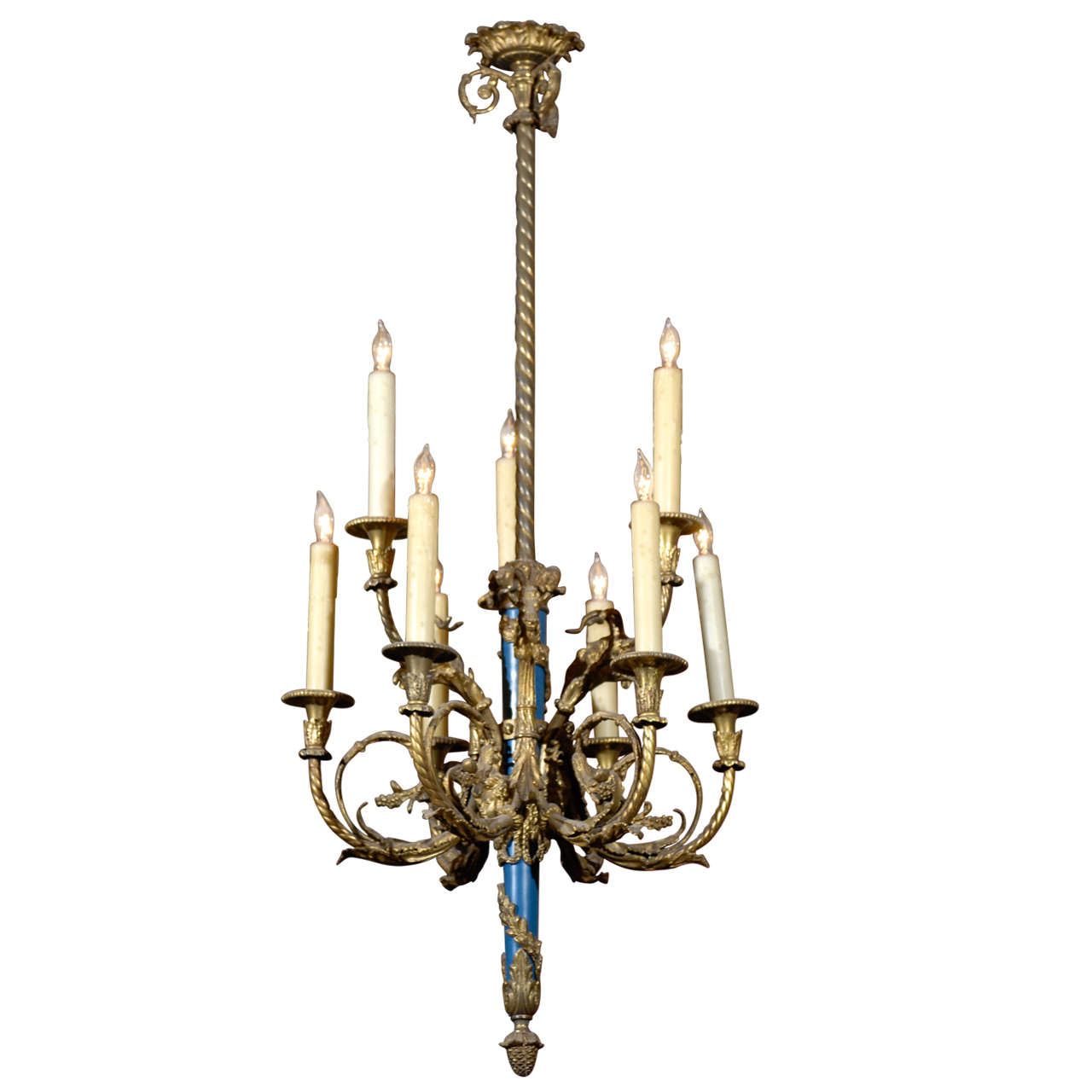 19th C. French 9 Light Brass Chandelier For Sale