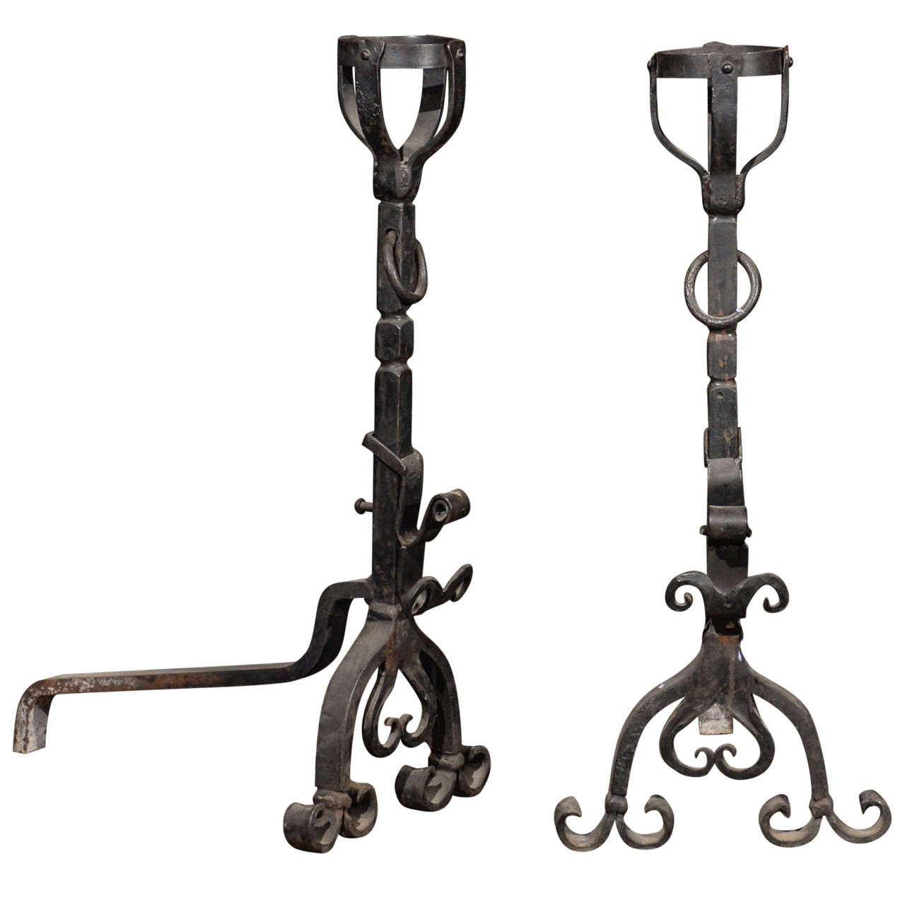19th C. Pr. Large French Wrought Iron Firedogs For Sale