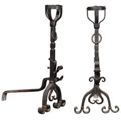 Antique 19th C. Pr. Large French Wrought Iron Firedogs