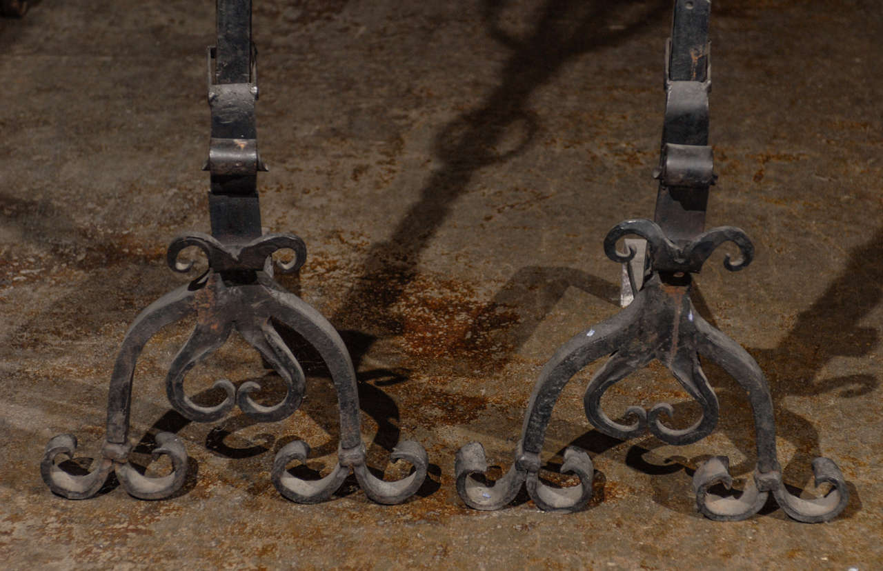 19th C. Pr. Large French Wrought Iron Firedogs For Sale 2