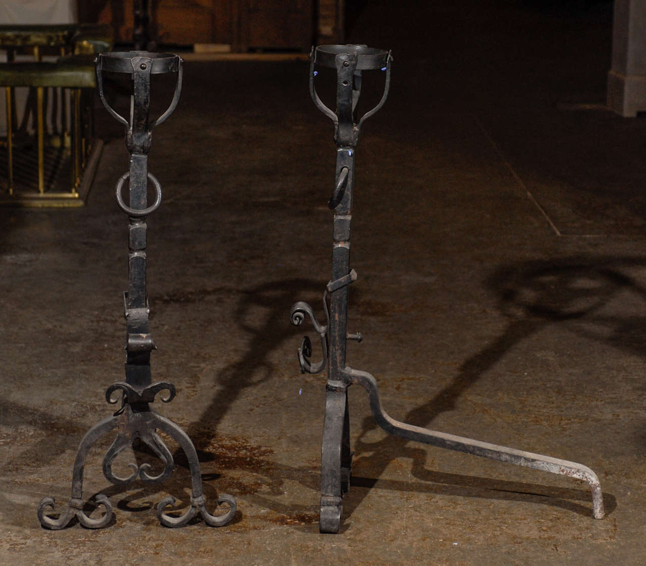 19th C. Pr. Large French Wrought Iron Firedogs For Sale 4