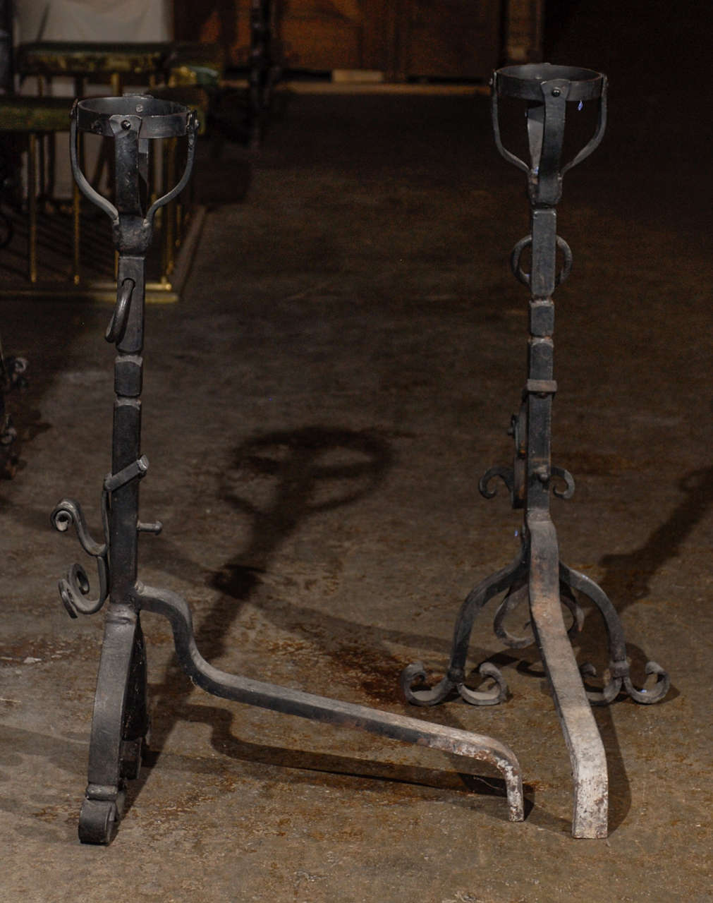 19th C. Pr. Large French Wrought Iron Firedogs For Sale 5