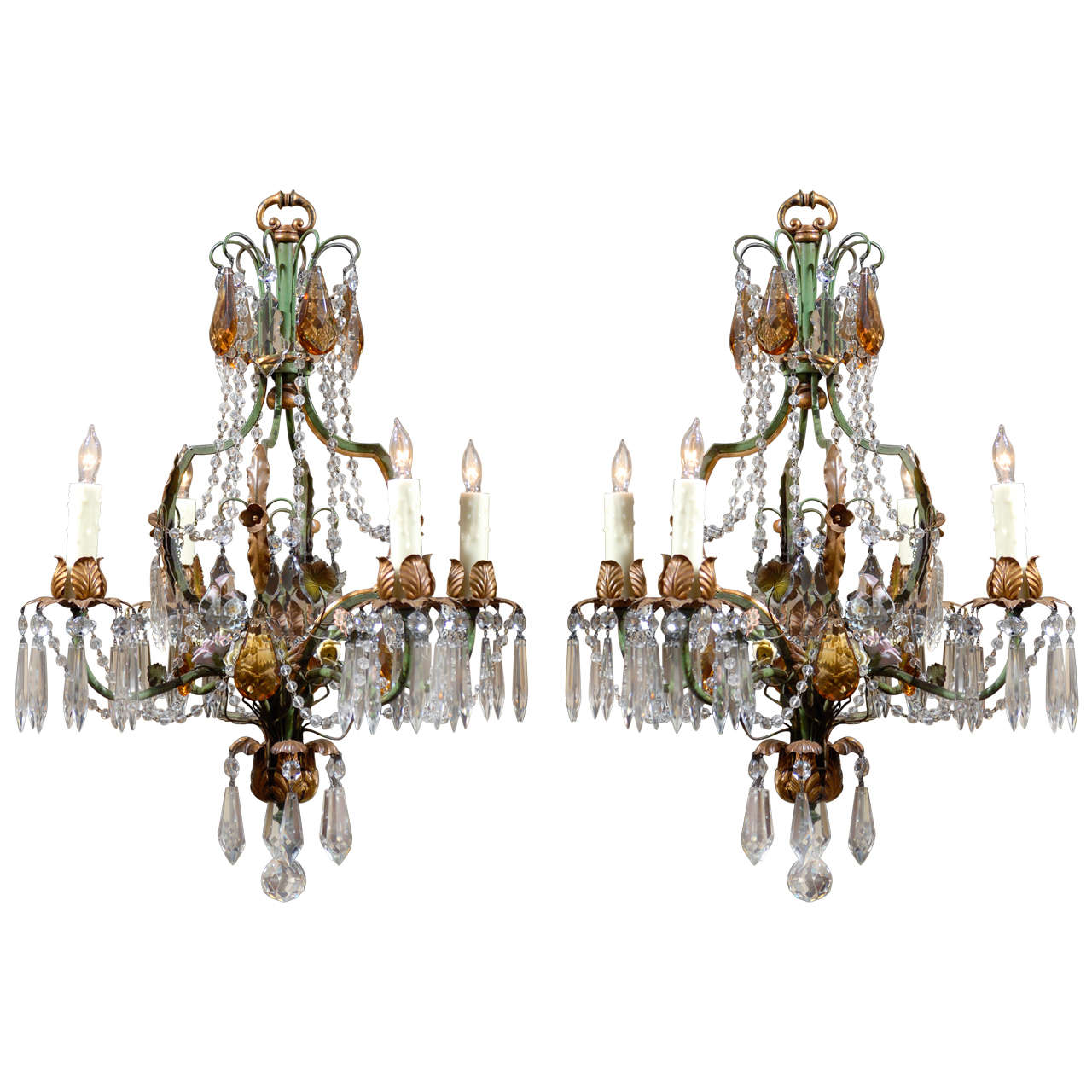 Pr. Early 20th C. Italian Iron, Crystal, & Porcelain Chandeliers For Sale