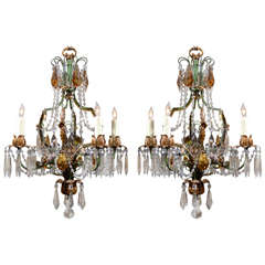 Antique Pr. Early 20th C. Italian Iron, Crystal, & Porcelain Chandeliers