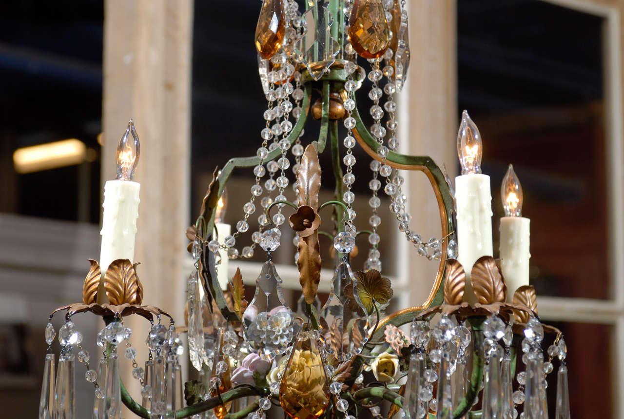 Pr. Early 20th C. Italian Iron, Crystal, & Porcelain Chandeliers In Good Condition For Sale In Atlanta, GA