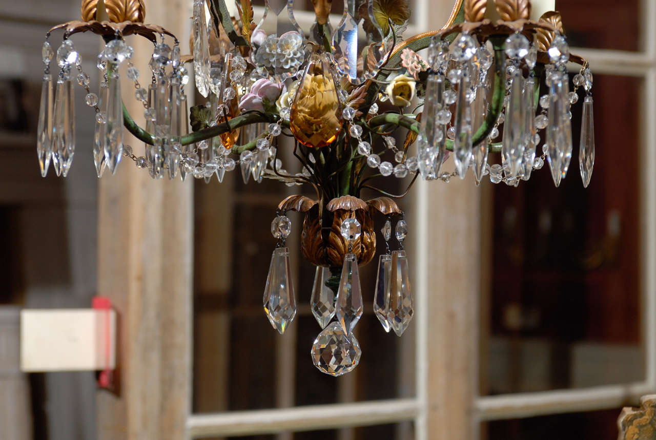 20th Century Pr. Early 20th C. Italian Iron, Crystal, & Porcelain Chandeliers For Sale