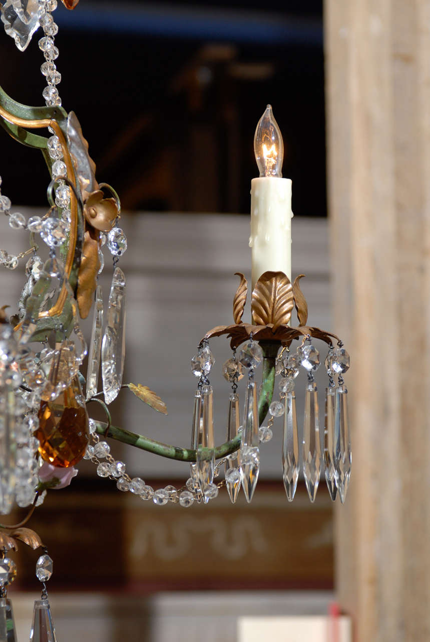 Pr. Early 20th C. Italian Iron, Crystal, & Porcelain Chandeliers For Sale 1