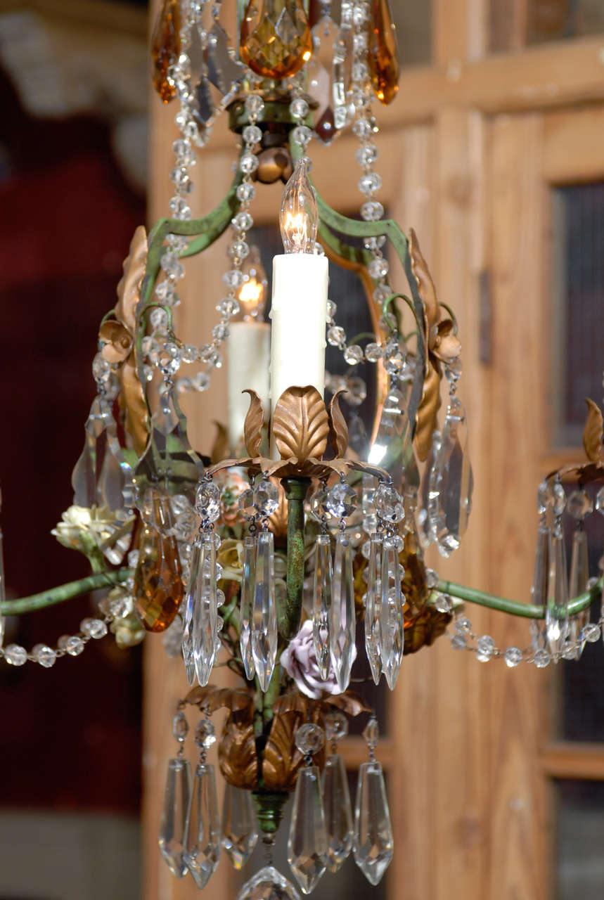 Pr. Early 20th C. Italian Iron, Crystal, & Porcelain Chandeliers For Sale 3