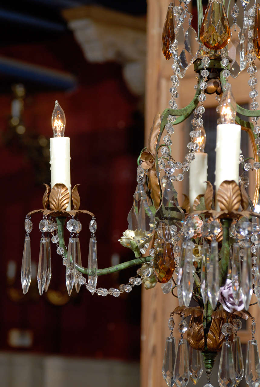 Pr. Early 20th C. Italian Iron, Crystal, & Porcelain Chandeliers For Sale 4