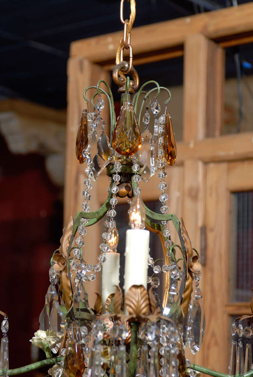 Pr. Early 20th C. Italian Iron, Crystal, & Porcelain Chandeliers For Sale 5