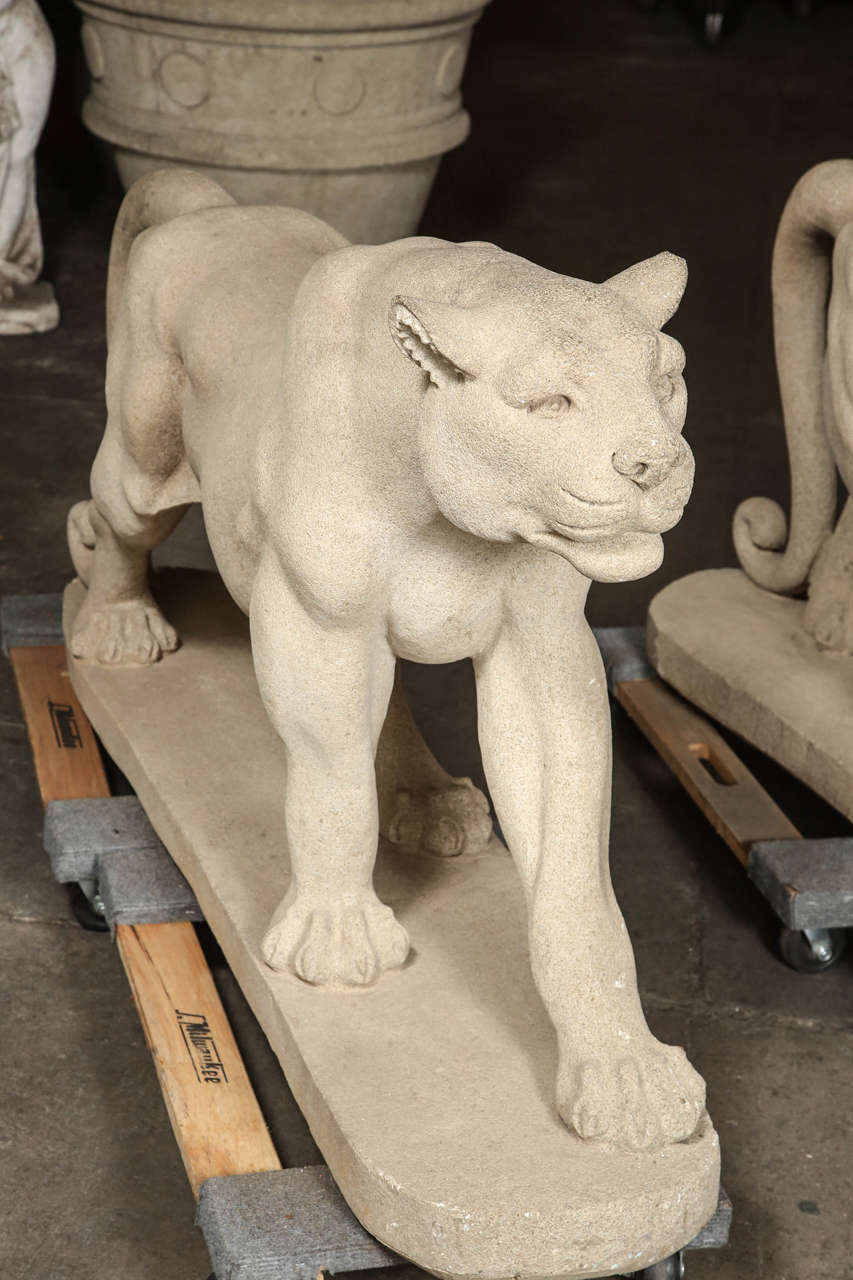 Art Deco Mountain Lion Statues in Carved Limestone 2