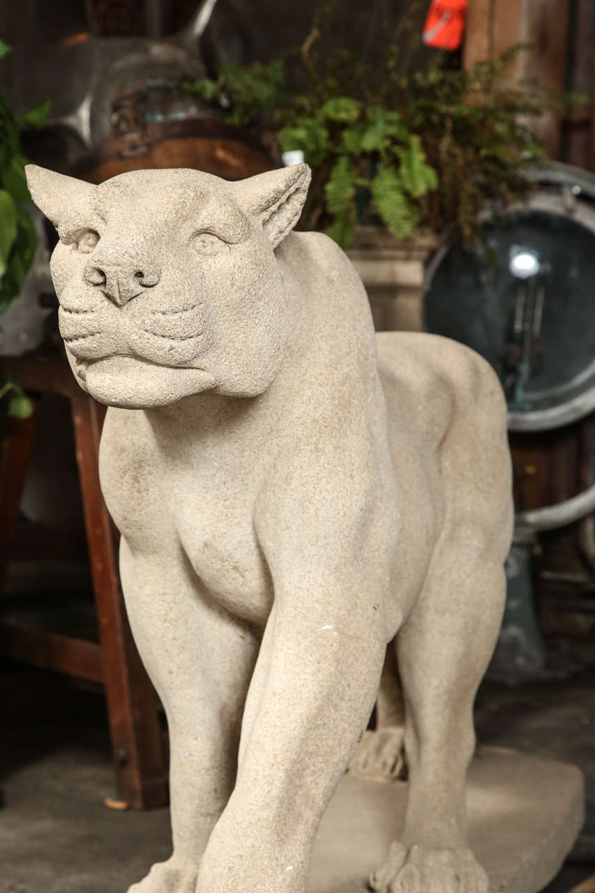 Unknown Art Deco Mountain Lion Statues in Carved Limestone