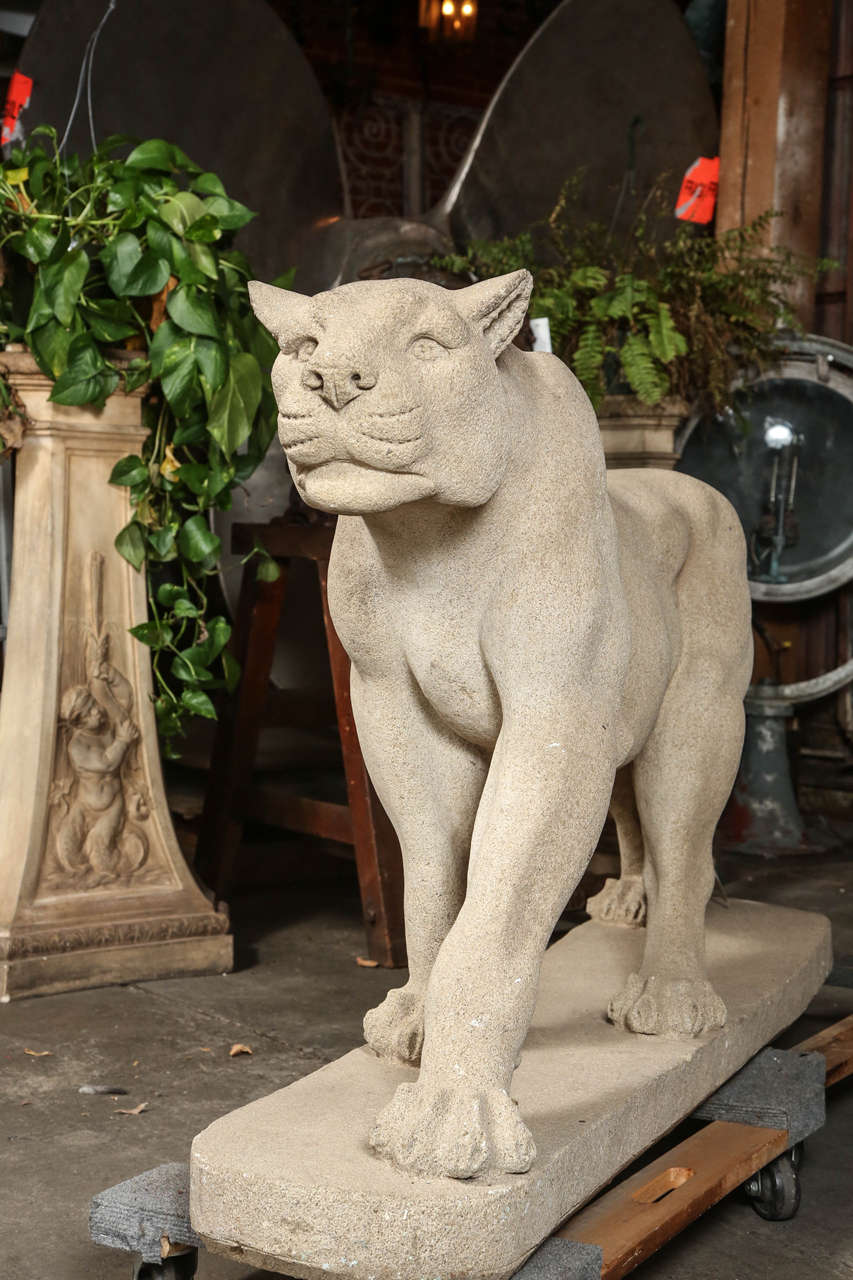 20th Century Art Deco Mountain Lion Statues in Carved Limestone