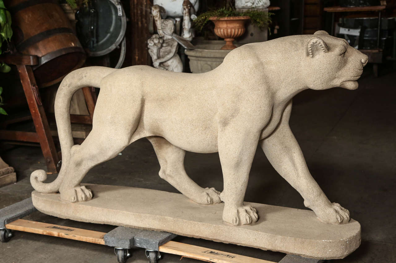 Art Deco Mountain Lion Statues in Carved Limestone 1