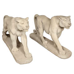 Art Deco Mountain Lion Statues in Carved Limestone